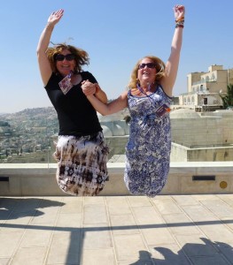 Ellie & Cindy jumping in the Old City.